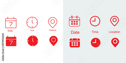 Calendar, Location pin, time icon set. Interface icons. address location pointer and alarm bell. Notice alert sign. business schedule and office time clock. Event icons 