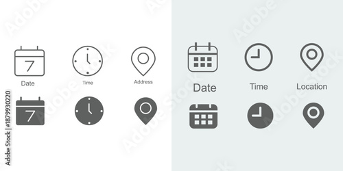 Calendar, Location pin, time icon set. Interface icons. address location pointer and alarm bell. Notice alert sign. business schedule and office time clock. Event icons 