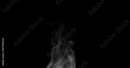 White isolated steam rises in graceful curves on a black background in slow motion. This steam trickle is perfect for overlay use with various blending modes, hot drink or food steam concepts.