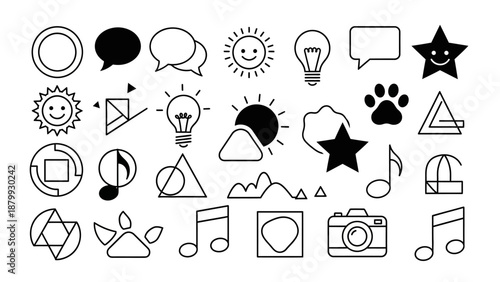 This flat black icon set features communication, creativity, media, and idea related symbols including speech bubbles, stars, hearts, light bulbs, music notes, and abstract shapes. The image represent