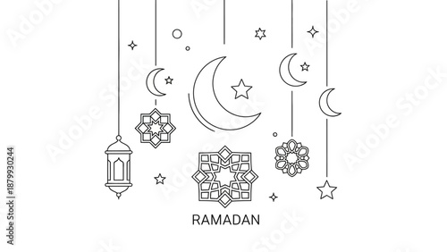 Eid Mubarak and Ramadan decoration layout with hanging moon, star, lantern, and floral patterns on a white background.