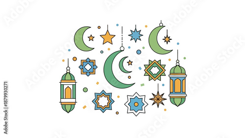 Eid Mubarak or Eid Fitr illustration featuring a colorful decoration with mosque lanterns, crescent moons, stars, and geometric patterns on a white background.