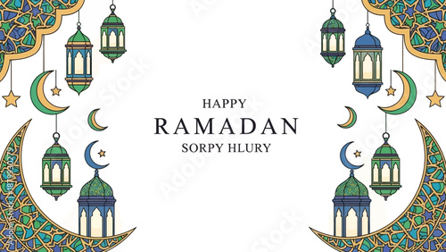 A festive illustration of a Ramadan Mubarak greeting card with colorful crescent moons, lanterns, and stars on a decorative frame background with Eid Fitr elements.