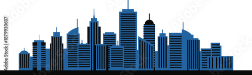Modern city skyline silhouette, urban architecture, high-rise buildings, blue tones, metropolitan landscape, real estate, graphic design concept