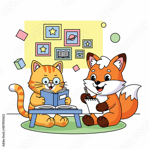 Cute Cartoon Cat and Fox Reading