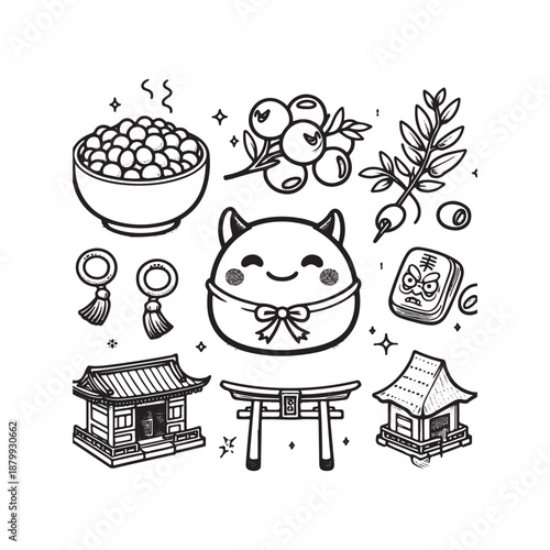 setsubun doodle icon set oni mask soybeans lucky charms and temple gate