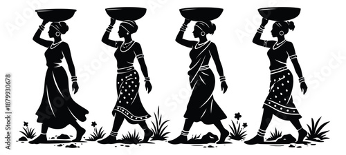 Silhouette women set featuring figures carrying bowls on their heads for cultural illustrations