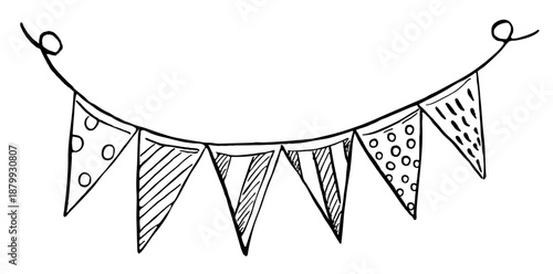 Festive triangular flags on a string. Sketch-style vector illustration for book design, coloring books, children's interiors, holiday cards, events, and fabric printing.