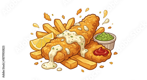 Classic Crispy Fish and Chips with Mushy Peas and Tartar Sauce
