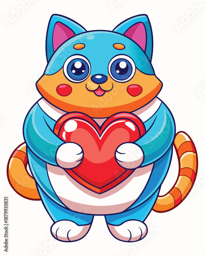 cute colorful chubby cat holding heart cartoon valentine illustration