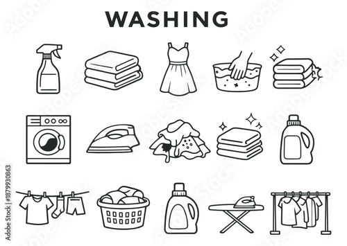 Hand drawn line art laundry icons set featuring a washing machine, iron, and detergent for household cleaning