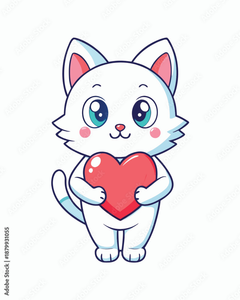 Obraz premium cute white kitten holding heart cartoon valentine illustration