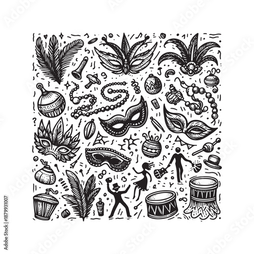 carnival doodle icon set feather masks beads drums and dancers