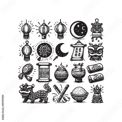 lantern festival doodle icon set glowing lanterns moon riddles and lion dance