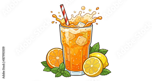 Vibrant and Refreshing Citrus Beverage Illustration with Ice, Splashes, Oranges, Lemons, and Mint