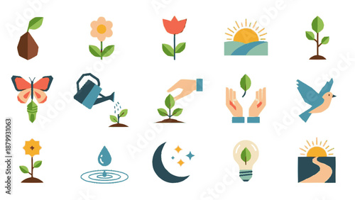 Collection of Nature and Growth Icons Representing Environmental Concepts.