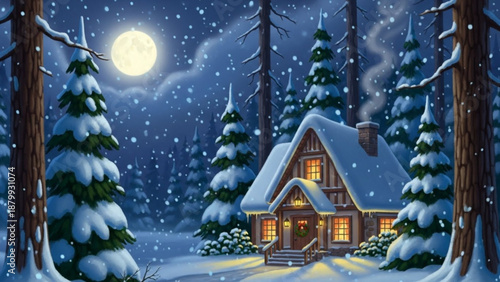 Cozy snow covered cabin in serene forest under full moon