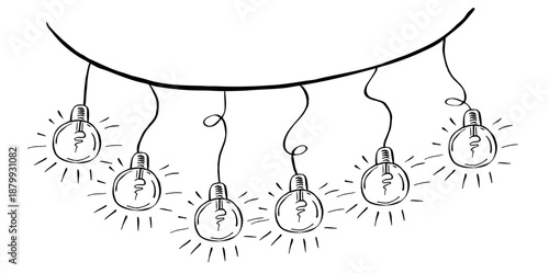A garland of glowing light bulbs. Vector illustration in sketch style for book design, coloring books, children's interiors, holiday cards, events, and fabric printing.