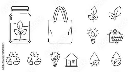 This line art illustration features eco friendly shopping and sustainable lifestyle icons including reusable bags, leaves, recycling symbols, bottles, and energy elements. The image represents environ
