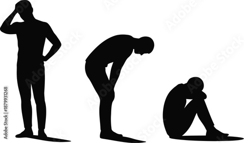Dark silhouettes depict a man facing deep emotional distress, significant worry, and complete despondency