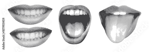 Lips and mouth in scream with monochrome photocopy effect, for grunge punk y2k collage design. Elements in stipple halftone brutalist retro design. Vector illustration for vintage music poster or bann