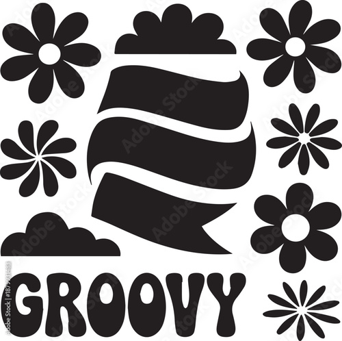 Black and white of a hat surrounded by flowers and the word groovy