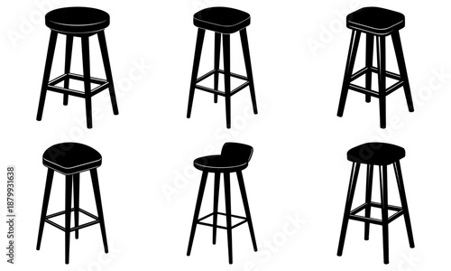 Five black bar stools with round seats and four legs on white background
