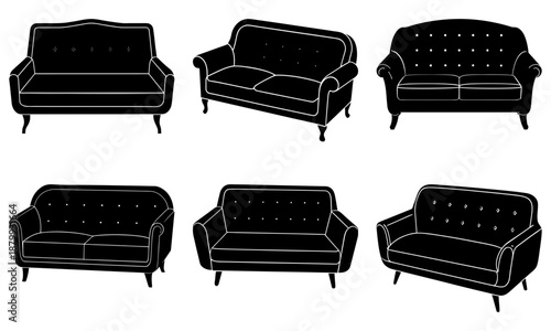 Six Black Sofas with White Outlines on White Background couch furniture