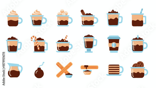 Collection of various coffee drinks and coffee making accessories.