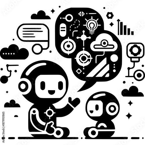 Robotic Chat in Monochrome: Two futuristic robots engage in a vibrant dialogue, their speech bubbles teeming with technological symbols and innovative concepts.