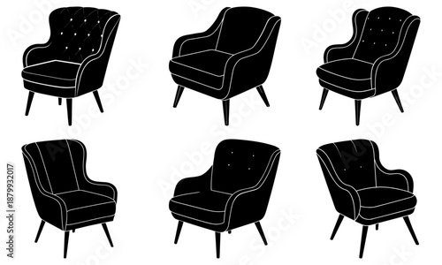 Five black vintage armchairs with white outlines on white background