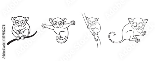 Cute Tarsier Cartoon Line Art, Adorable Big-Eyed Primate Illustration Poses.