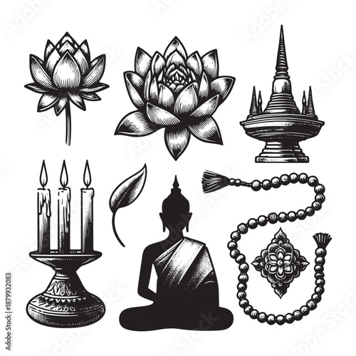 makha bucha doodle icon set lotus monk candle and temple symbols