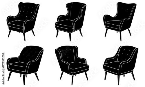 Five Black Upholstered Wingback Chairs with White Stitching on White Background