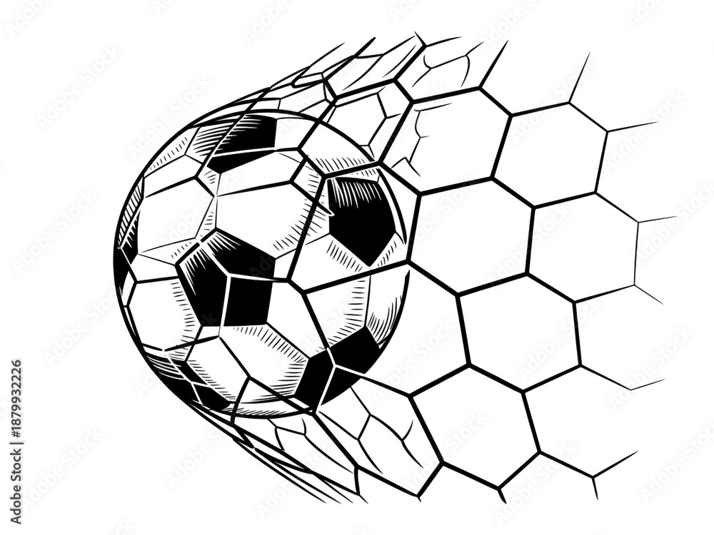 Obraz premium A black and white line drawing of a soccer ball caught in a soccer goal net.