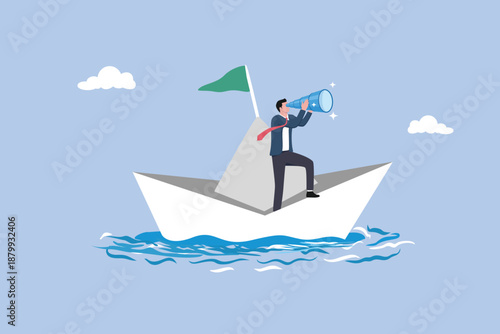 Businessmen look through binocular to see sailing ship direction, look for journey, exploration searching for new career opportunity, binocular vision to see future, direction or guidance to success.