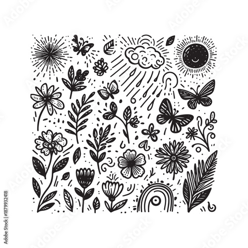 vasant ritu doodle icon set spring flowers butterflies leaves and sun