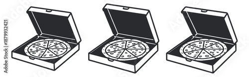 Line art pizza box set featuring sliced pizzas in open boxes for food delivery and fast food concepts