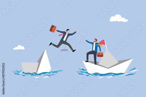 Brave businessman risk their life to help his partner from sinking boat in the ocean, trusted business partner to help and support in economic crisis or team and partnership to offer solution concept.