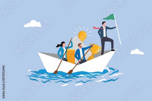 Visionary leadership or good strategy that overcomes obstacles in business competition, business team with paper boats carrying money, successful teamwork, light bulbs and trophies.