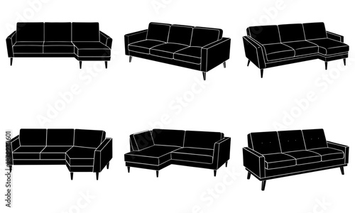 Five Different Black Sofa Silhouettes on White Background furniture