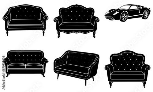 Black Sofa and Car Silhouettes on White Background couch