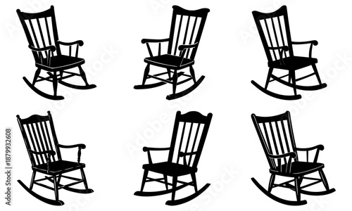 Five Black Wooden Rocking Chairs Silhouette on White Background wooden chair
