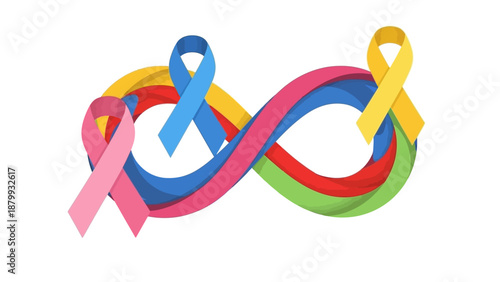 Colorful ribbon symbols for health awareness on a white background, representing cancer day and various causes.