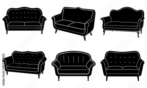 Six Vintage Black Sofas and Couches with White Outlines on White Background