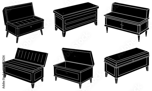 Five Different Black Storage Benches with White Outline on White Background black bench wooden bench