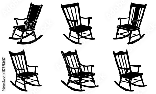 Six Wooden Rocking Chairs Silhouette on White Background wooden chair black and white