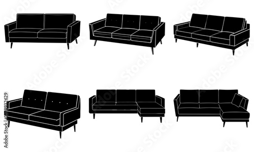 Five Black Sofa Silhouettes on White Background furniture 1