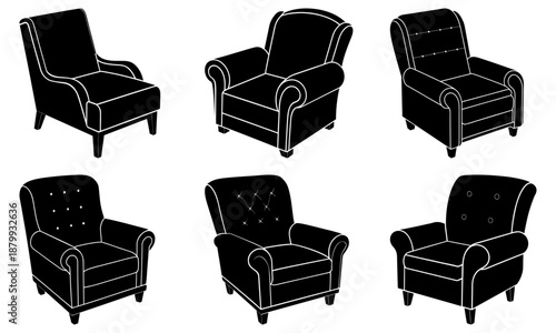 Five black armchairs with different on white background furniture silhouette