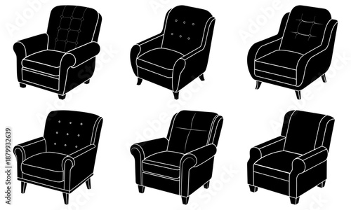 Five Black Armchairs with White Outlines on White Background silhouette